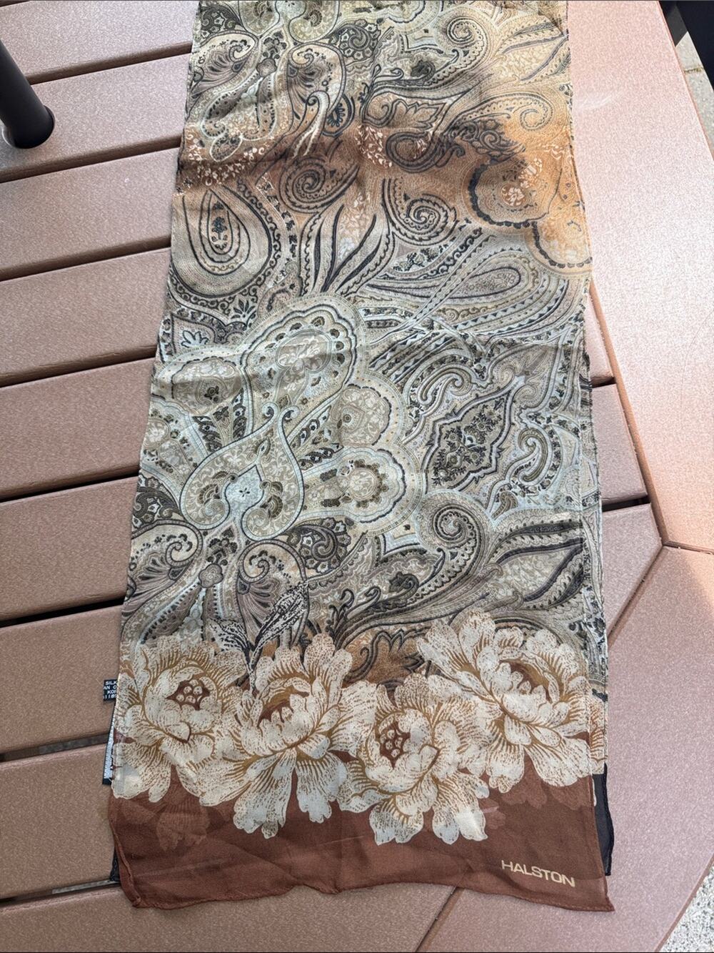 Vintage 80s Silk Halston Oblong Scarf Brown Black